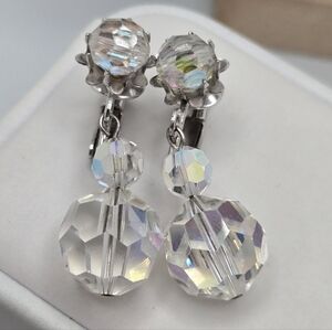 Vintage Coro Aurora Borealis Crystal Drop Earrings 1950s AB Clip-On Bridal